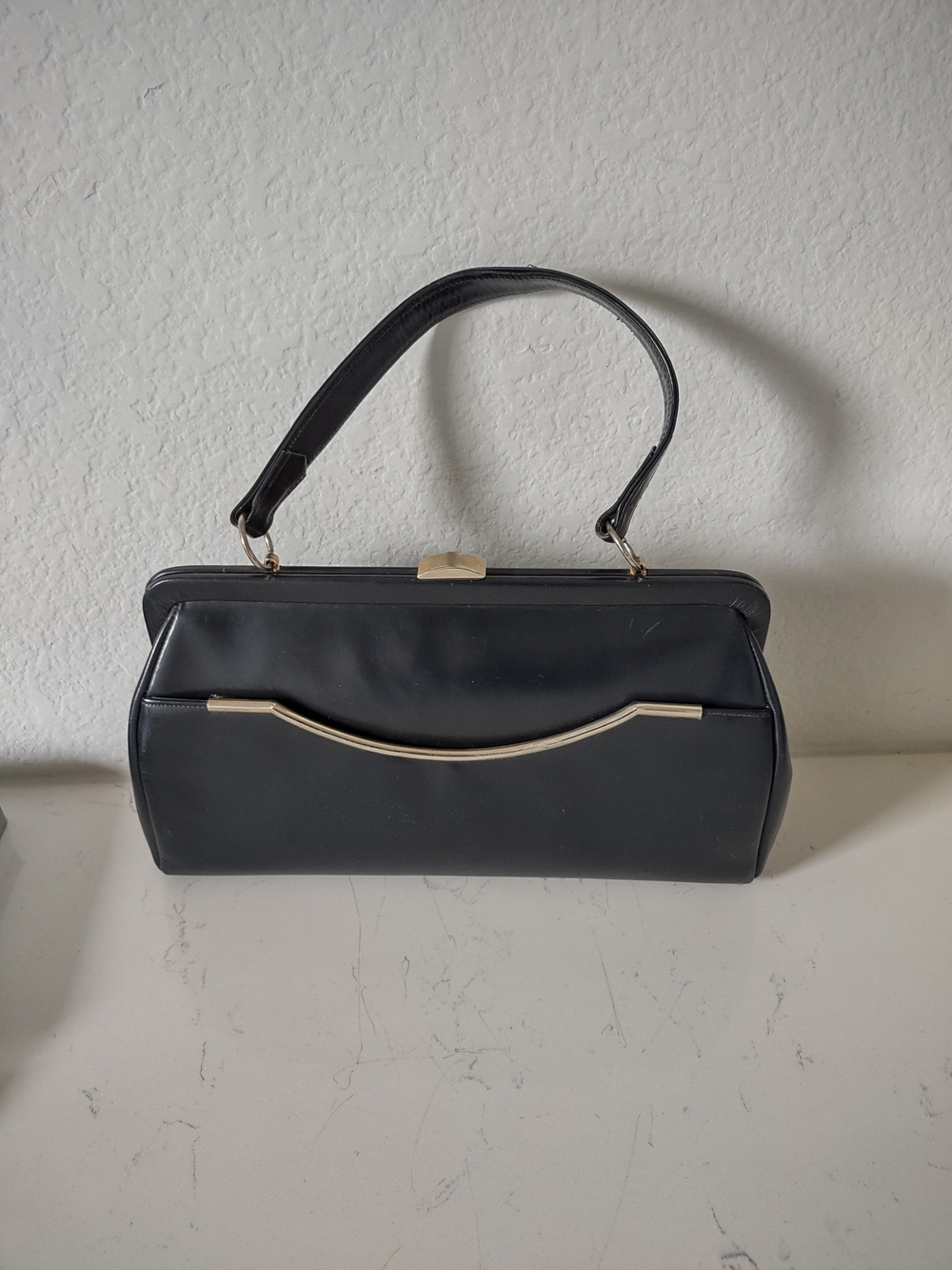 Vintage Dofan France Leather Purse Rectangular Kiss Clasp Dark Navy Blue Handbag